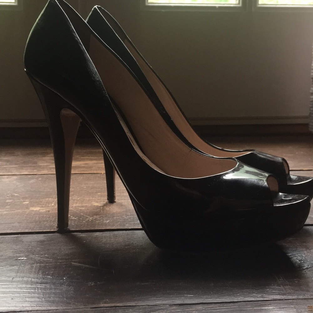 Miu miu open toe black patent leather heels